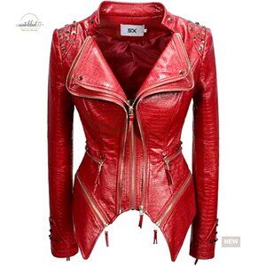 Women's PU Leather Moto Jacket with Studded Rivets, Zipper Closure, Classic Fit
